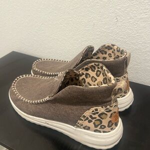 Hey Dude Womens Moccasins in Brown with Leopard Accent